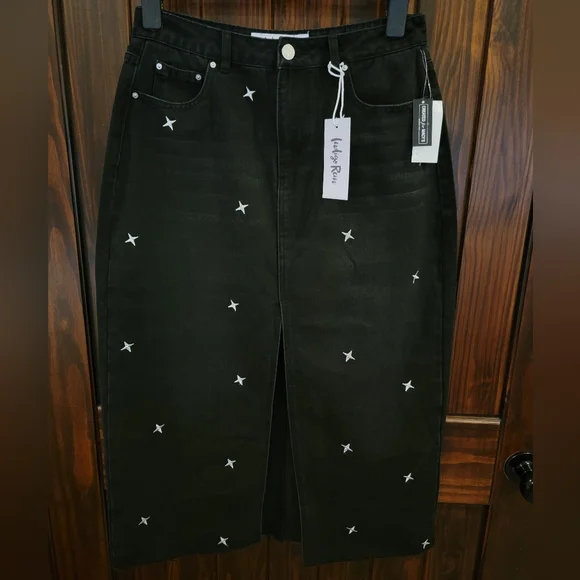 Indigo Rein Black Jean Skirt. Star Embellished - Picture 1 of 13